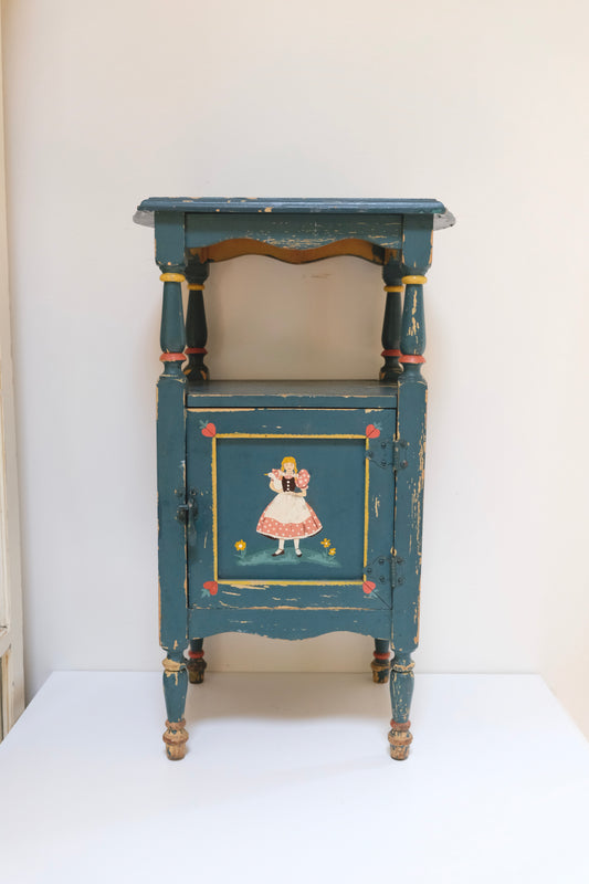 Antique Hand-Painted Folk Art Smoking Stand with Copper-Lined Interior