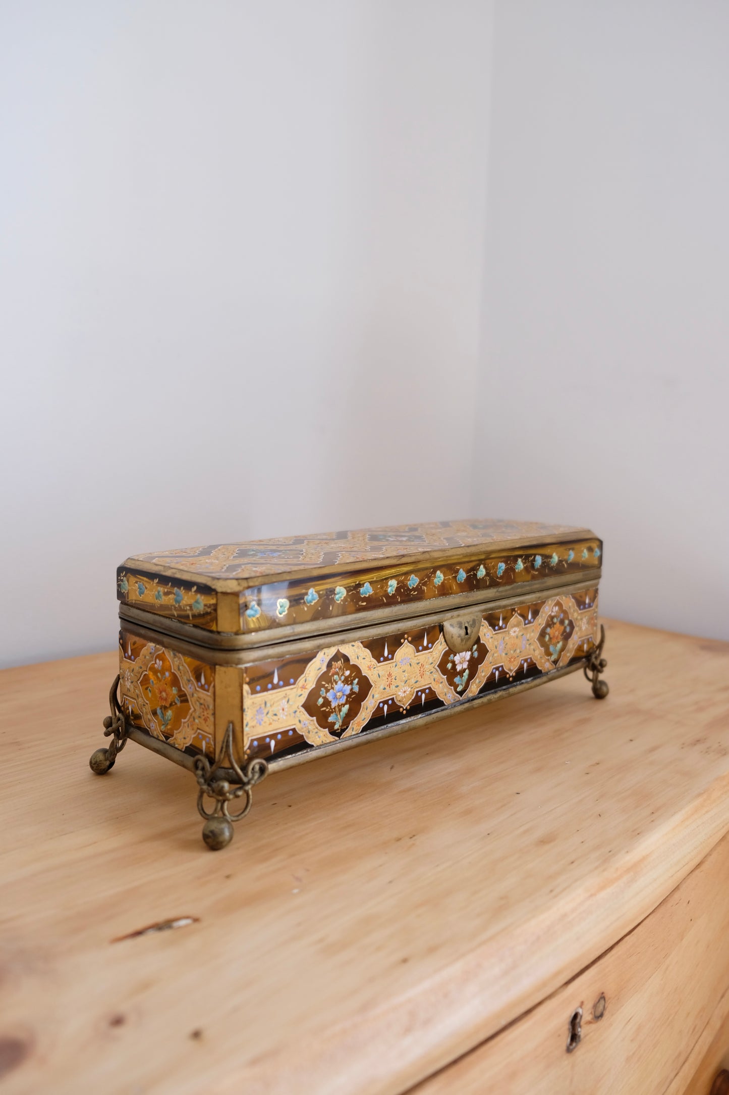 Antique Bohemian Hand Painted Amber Glass Glove Casket Attributed to Moser