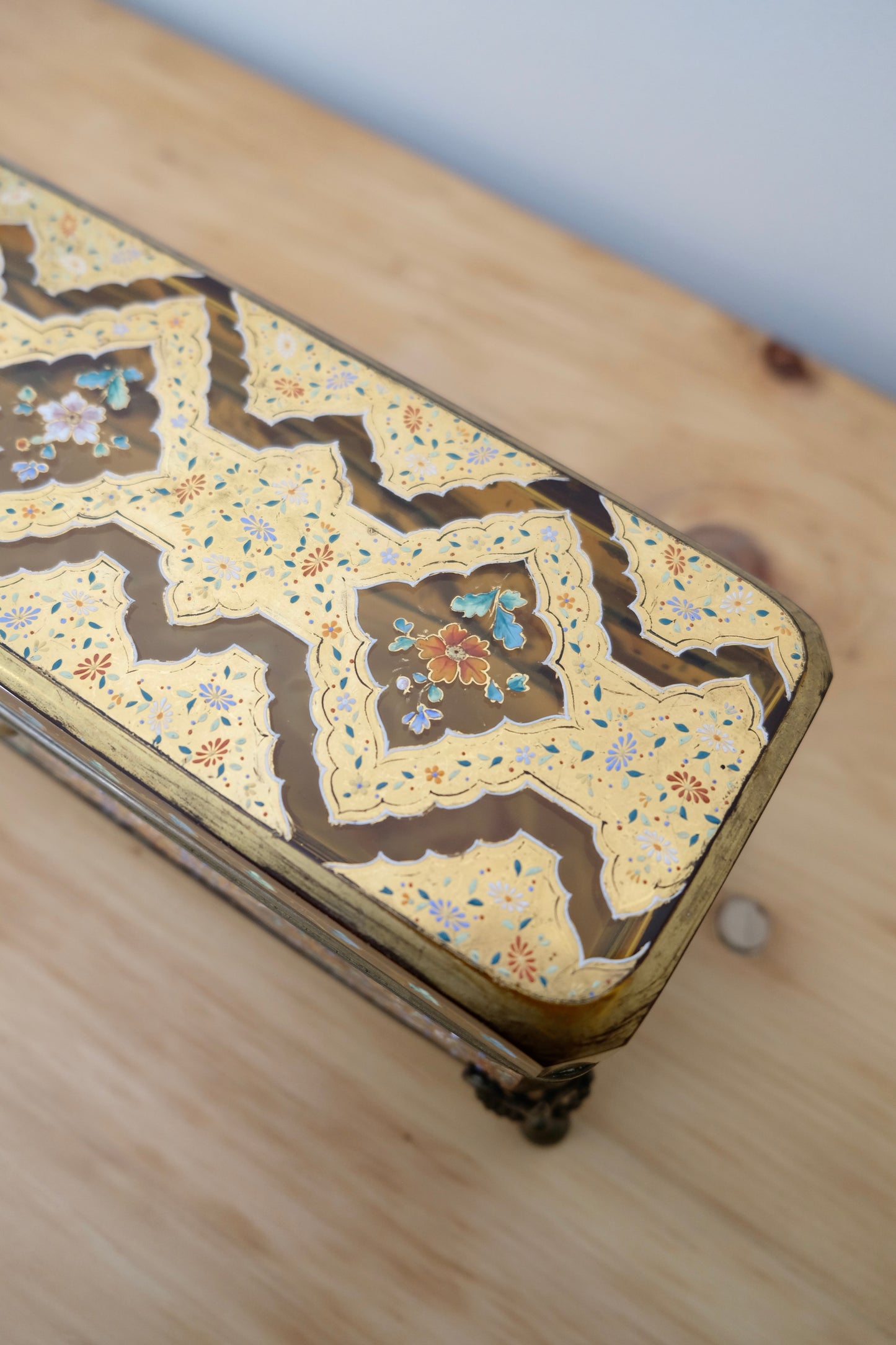 Antique Bohemian Hand Painted Amber Glass Glove Casket Attributed to Moser