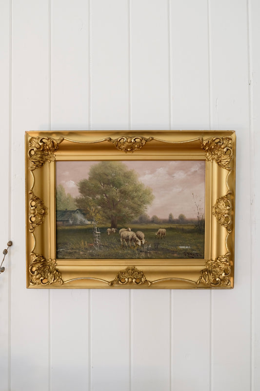 Signed Antique Oil Painting of Sheep in Pasture, by John Parker Davis