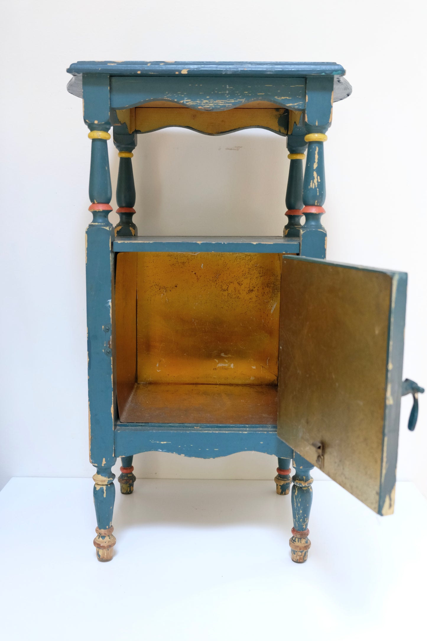 Antique Hand-Painted Folk Art Smoking Stand with Copper-Lined Interior