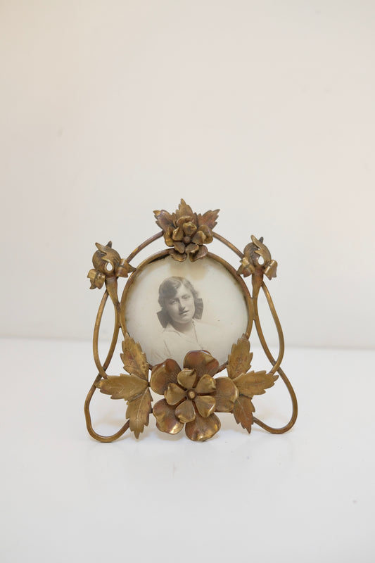 Antique Art Nouveau Brass Flower Photo Frame with Original Photo