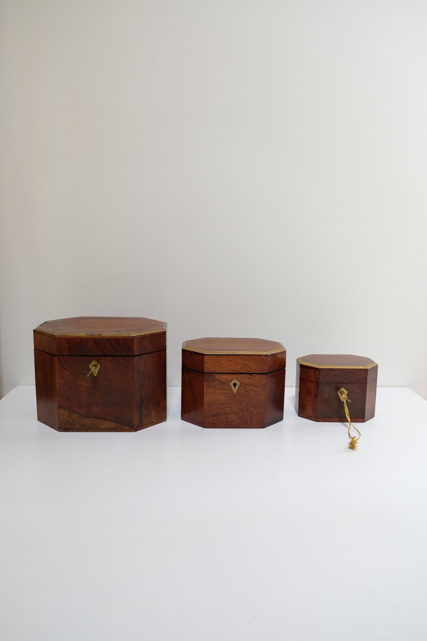 Vintage Nesting Tea Caddy Box Trio with Brass Accents and Keys