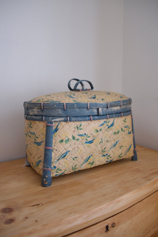 Vintage Painted and Signed Lidded Basket with Birds