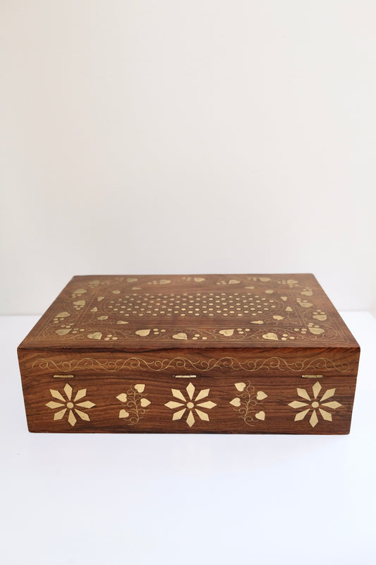 Gorgeous Vintage Anglo-Indian Style Rosewood Box with Brass Inlaid Patterns