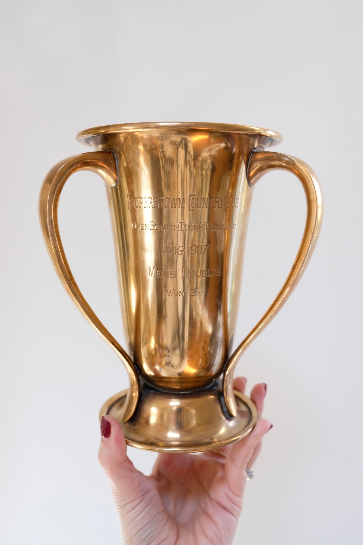 Three-Handled Antique Copper Tennis Trophy, dated August 1907