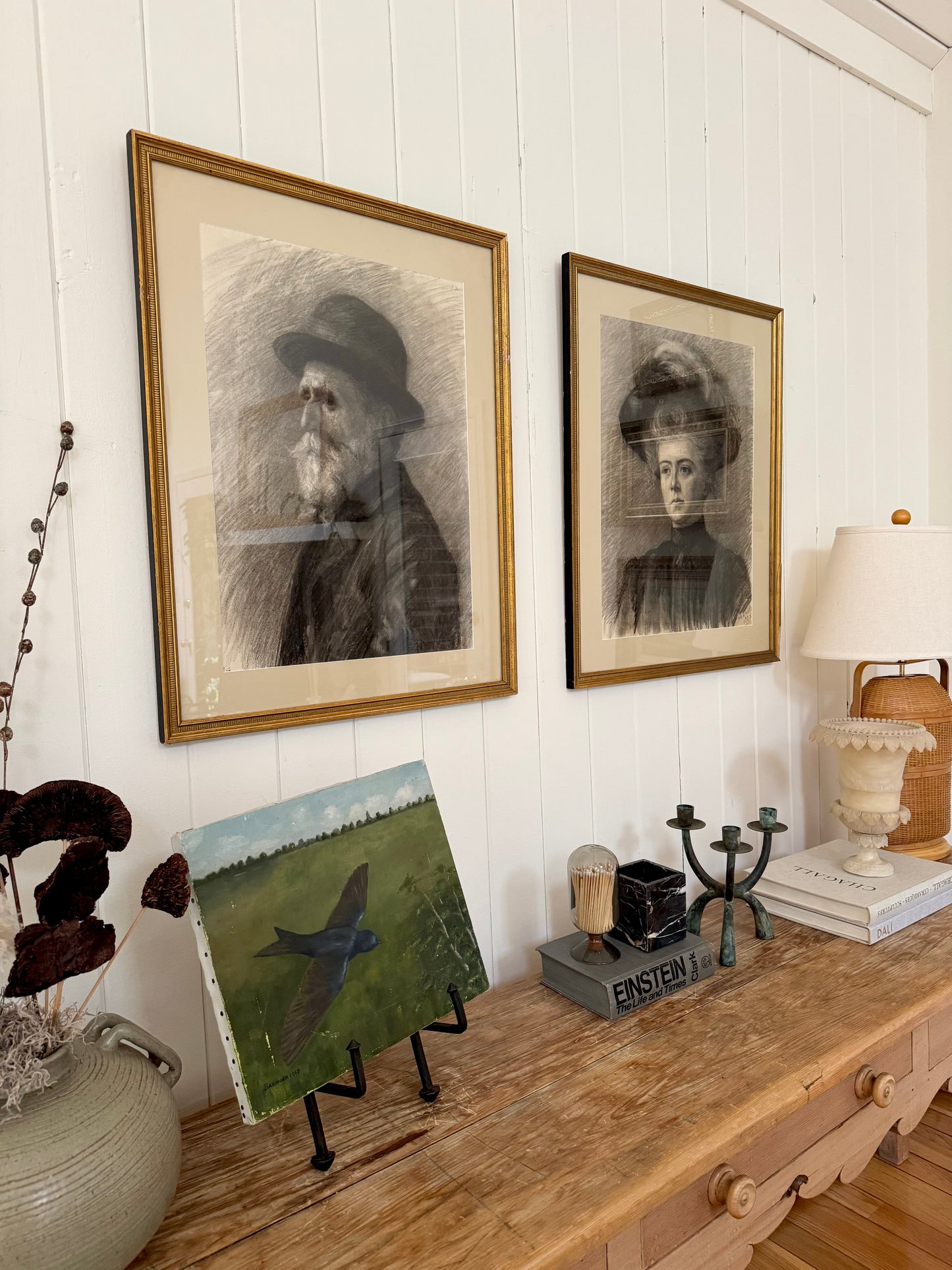 Incredible Pair of Antique Charcoal Portraits, 1905