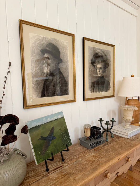 Incredible Pair of Antique Charcoal Portraits, 1905