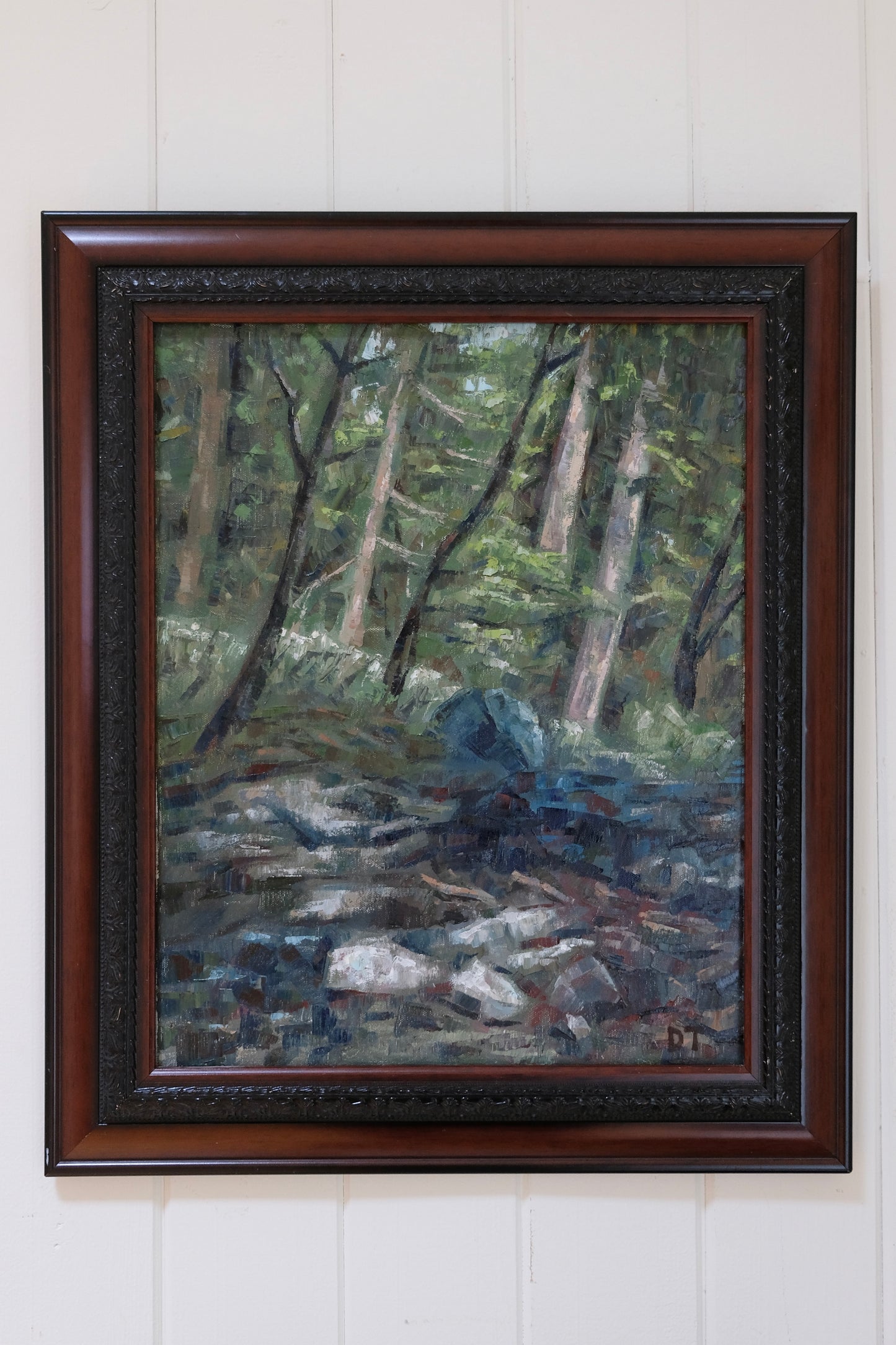 Large Framed Woodland Stream Landscape by New York Artist