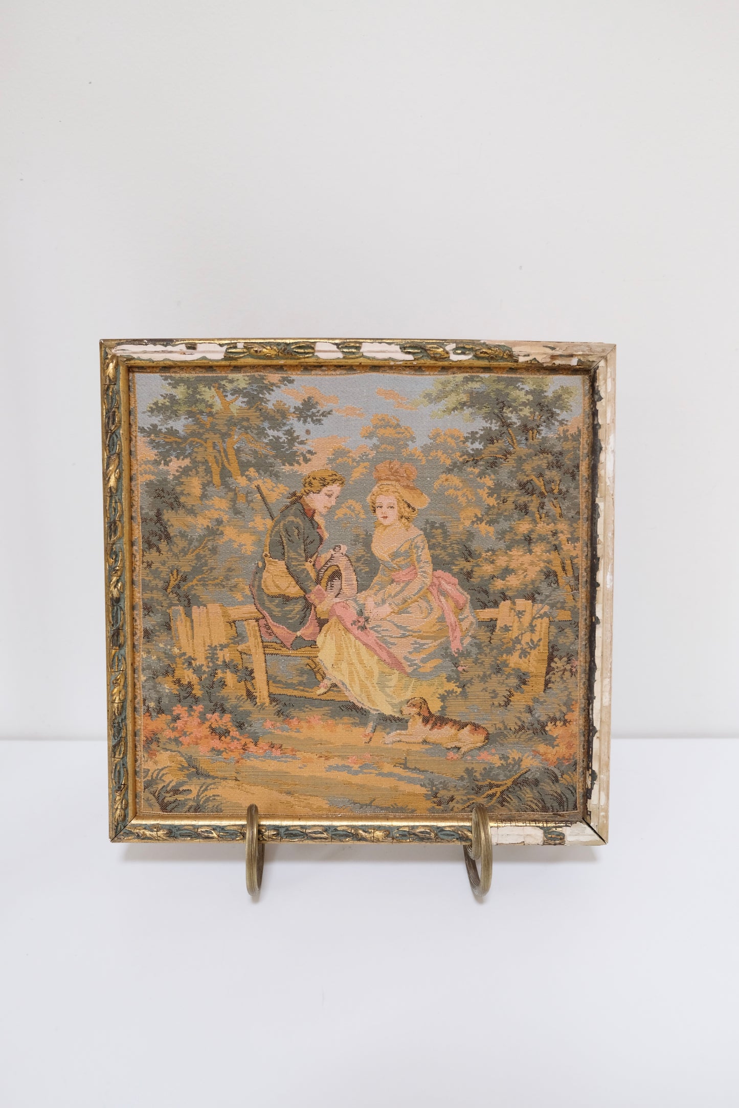 Vintage Chippy Framed Tapestry with Couple and Pup