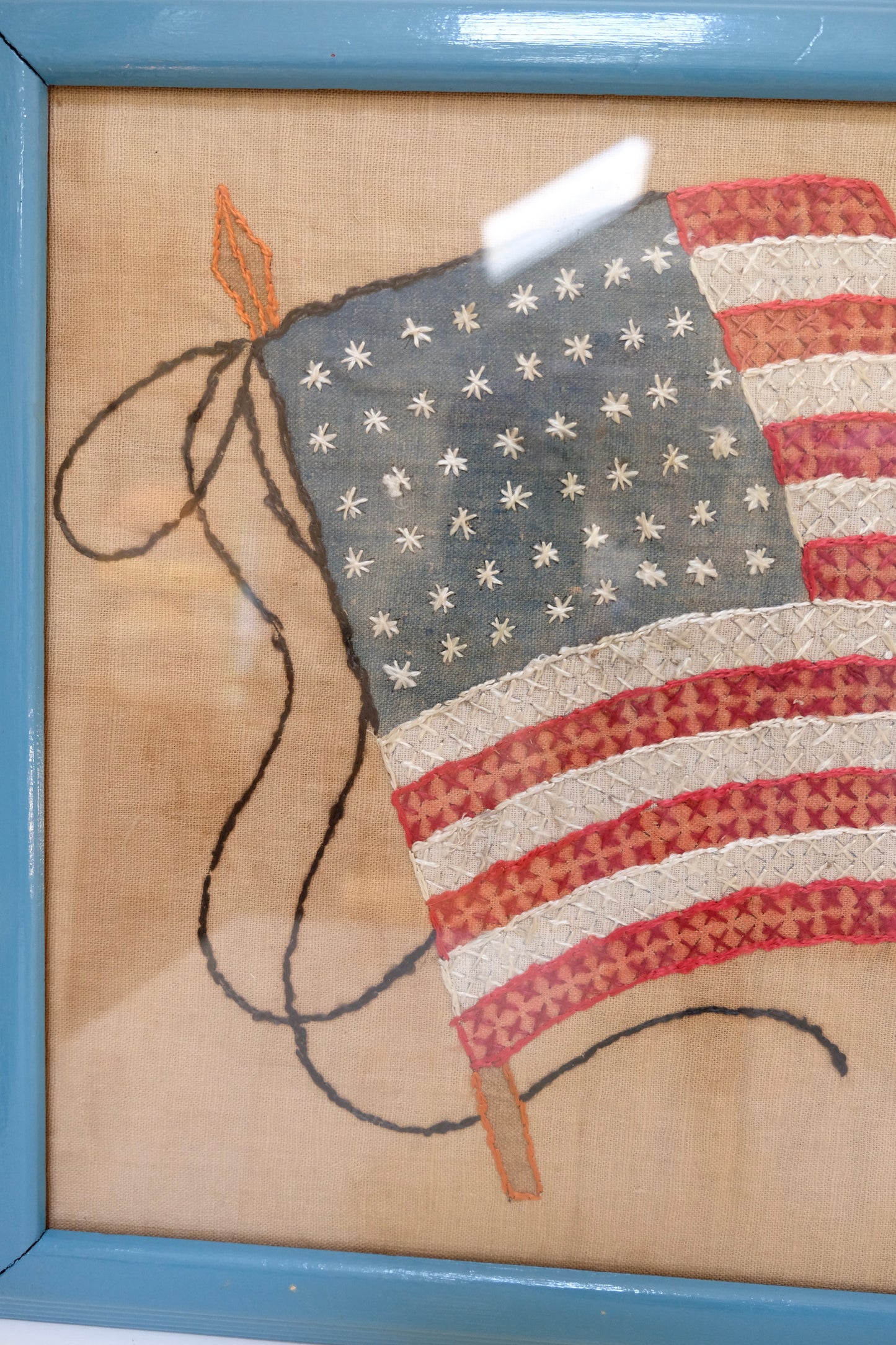 Vintage 48-Star American Flag Hand-Stitched Needlepoint in Blue Painted Frame