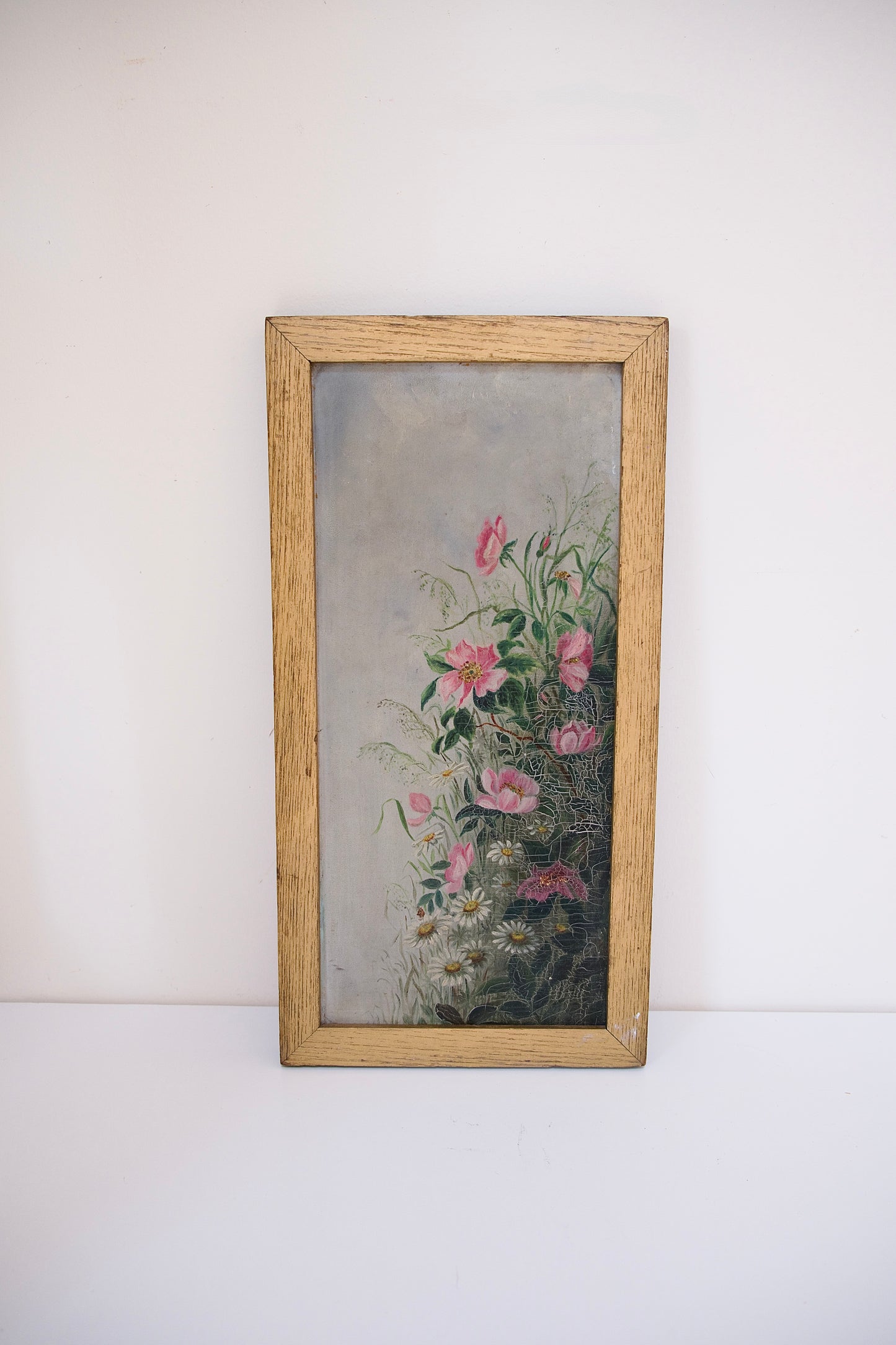 Antique Vertical Floral Oil Painting with Pink Blossoms and Daisies