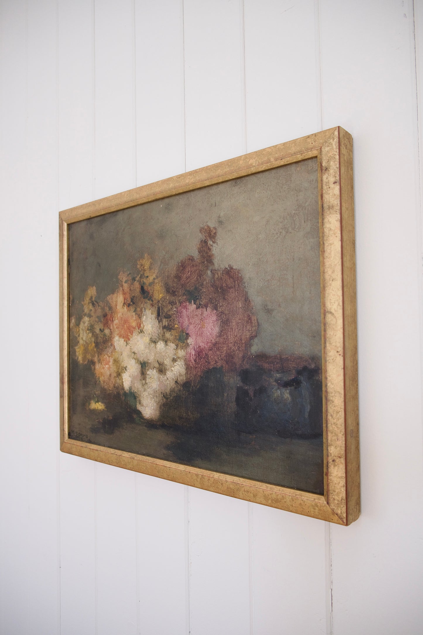 Antique Floral Still Life Oil Painting in Gilt Frame