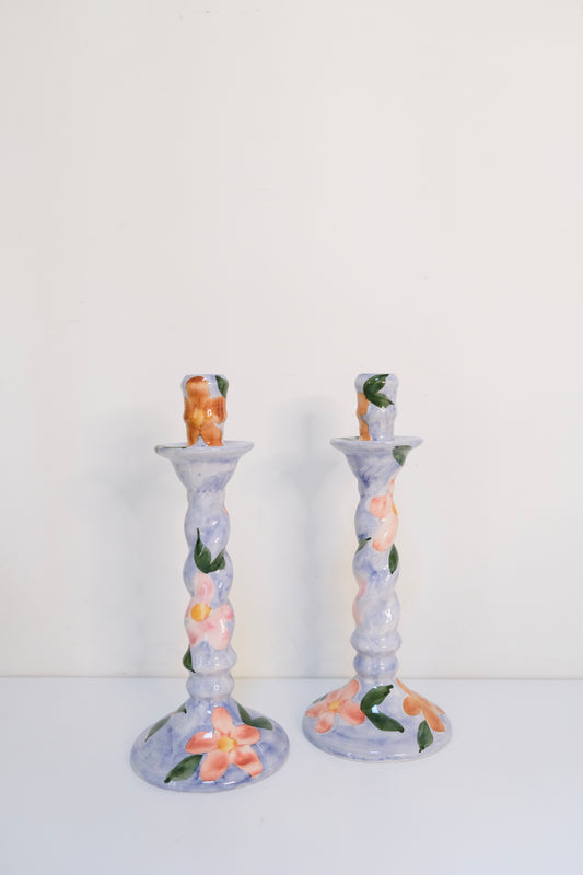 Set of Two Hand-Painted Ceramic Candlestick Holders