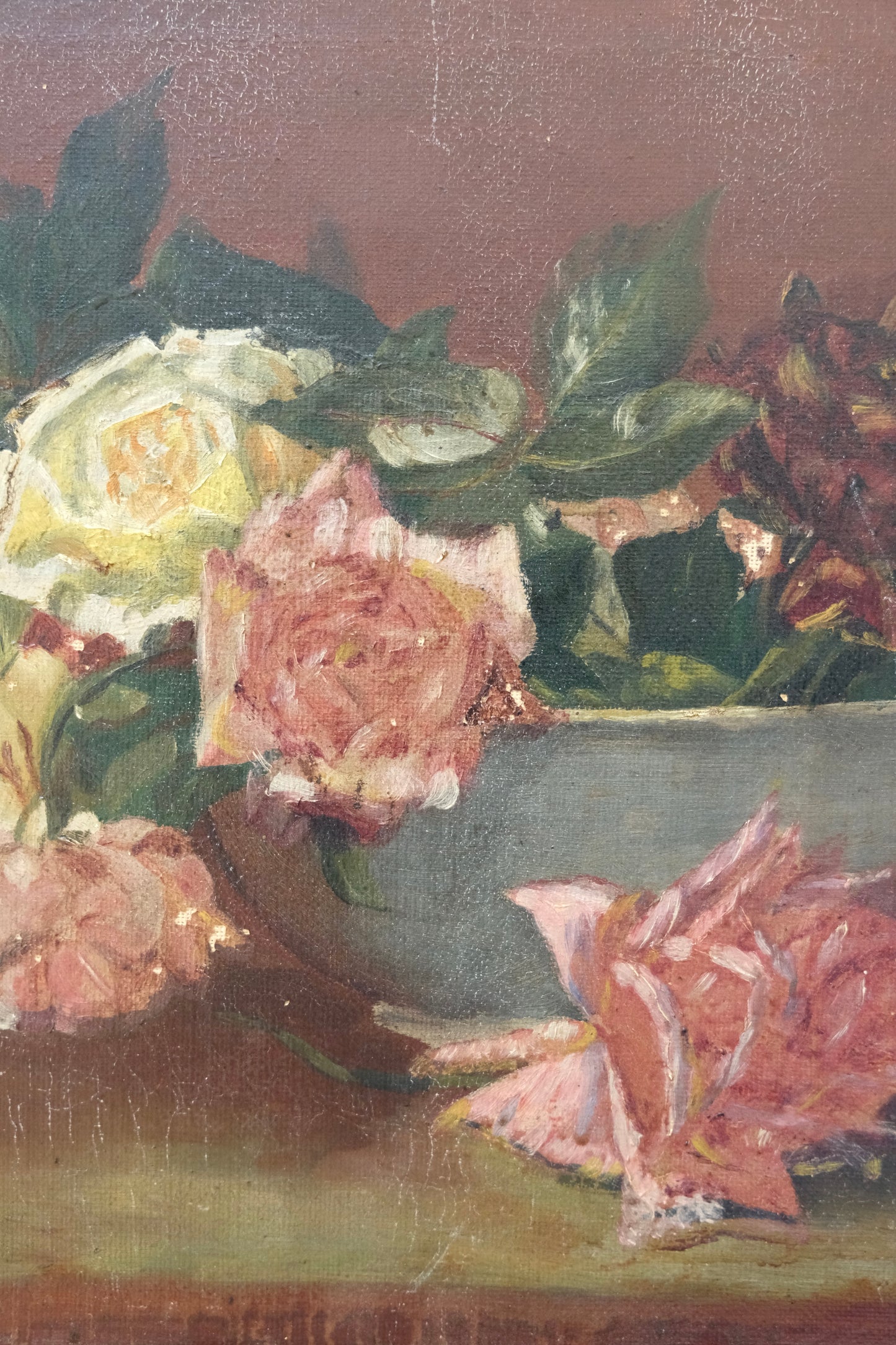 Antique Signed Rose Still Life Oil Painting in Original Gilt Frame