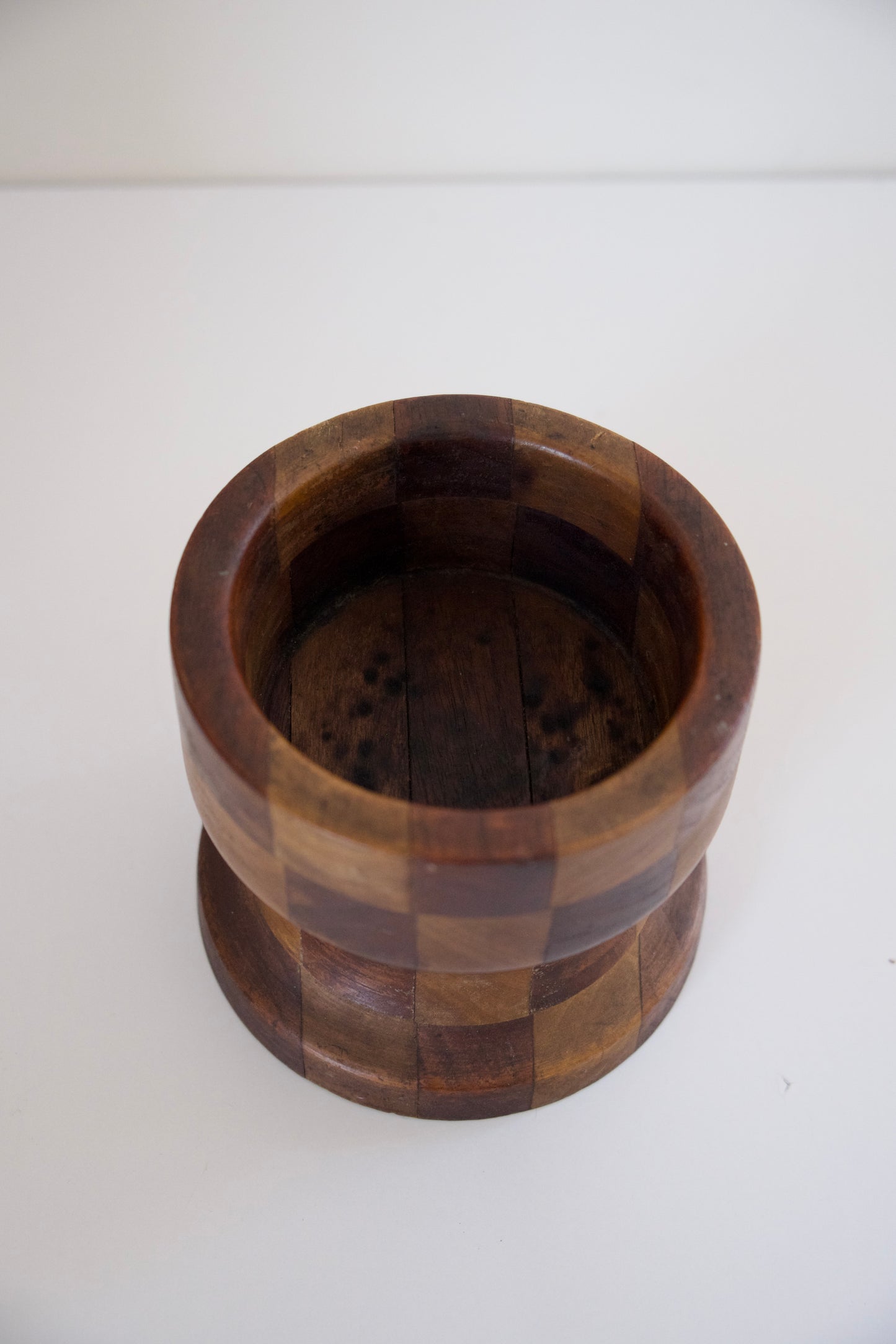 Vintage Wooden Mortar & Pestle, Checkered Pattern