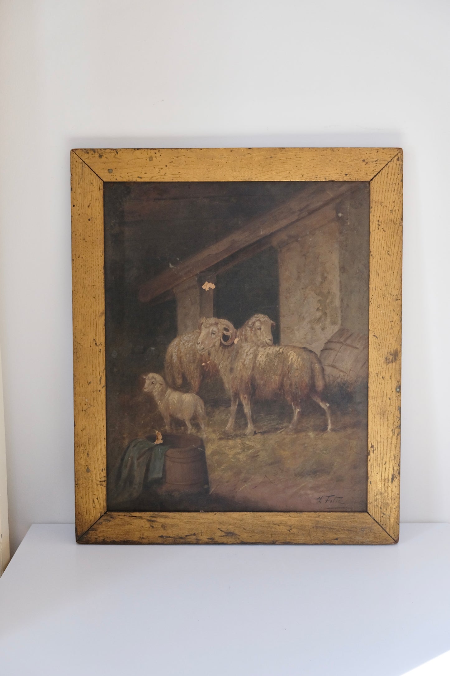 Antique Sheep Painting on Canvas, Signed