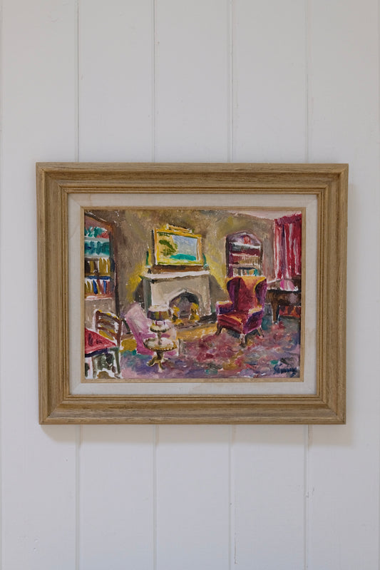 Signed Vintage Interior Scene Oil Painting (Framed, 19” x 16”)