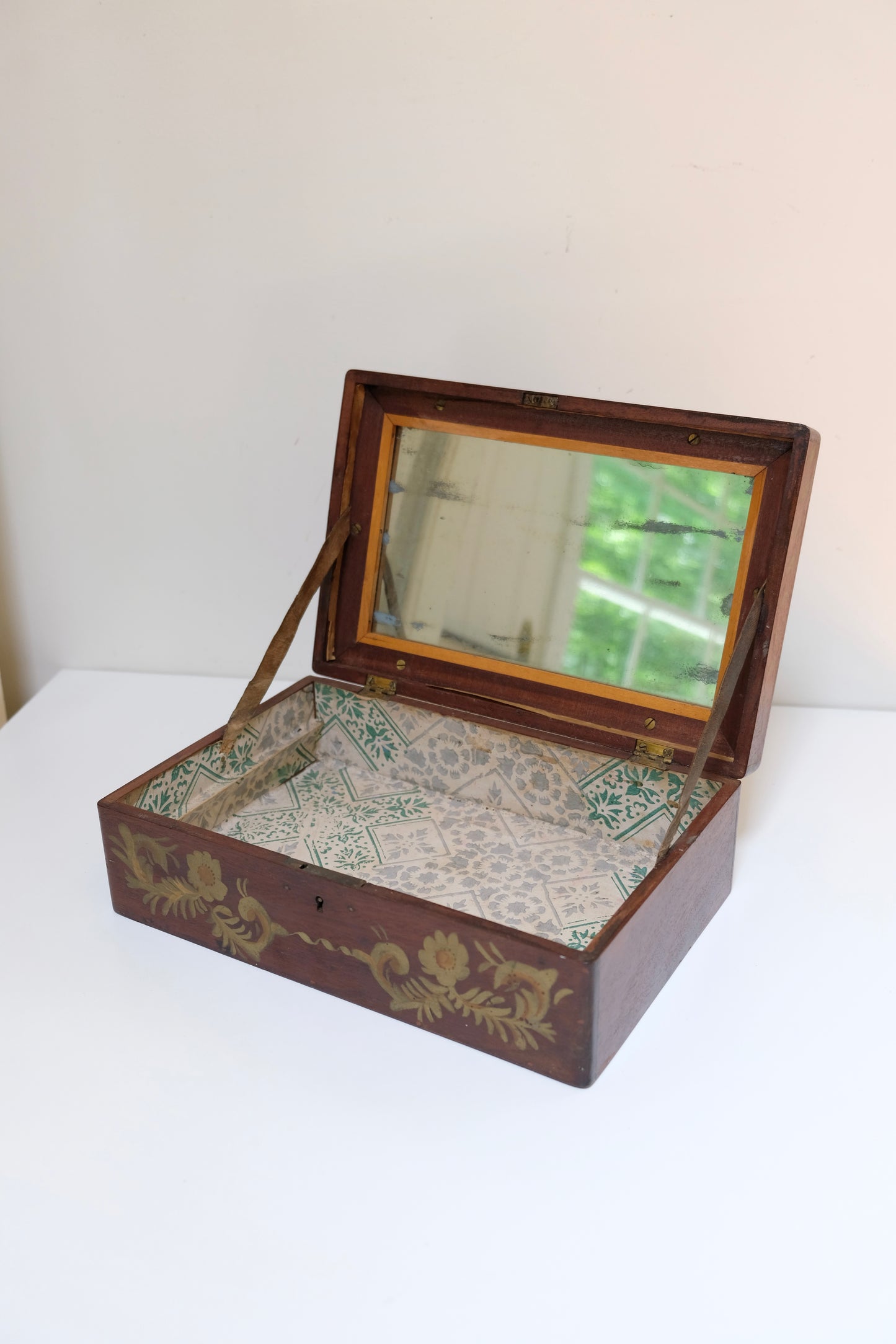 Antique Hand-Painted Folk Art Wooden Vanity Box with Mirrored Lid