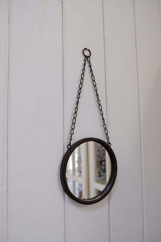 Small Vintage Hanging Round Mirror with Chain