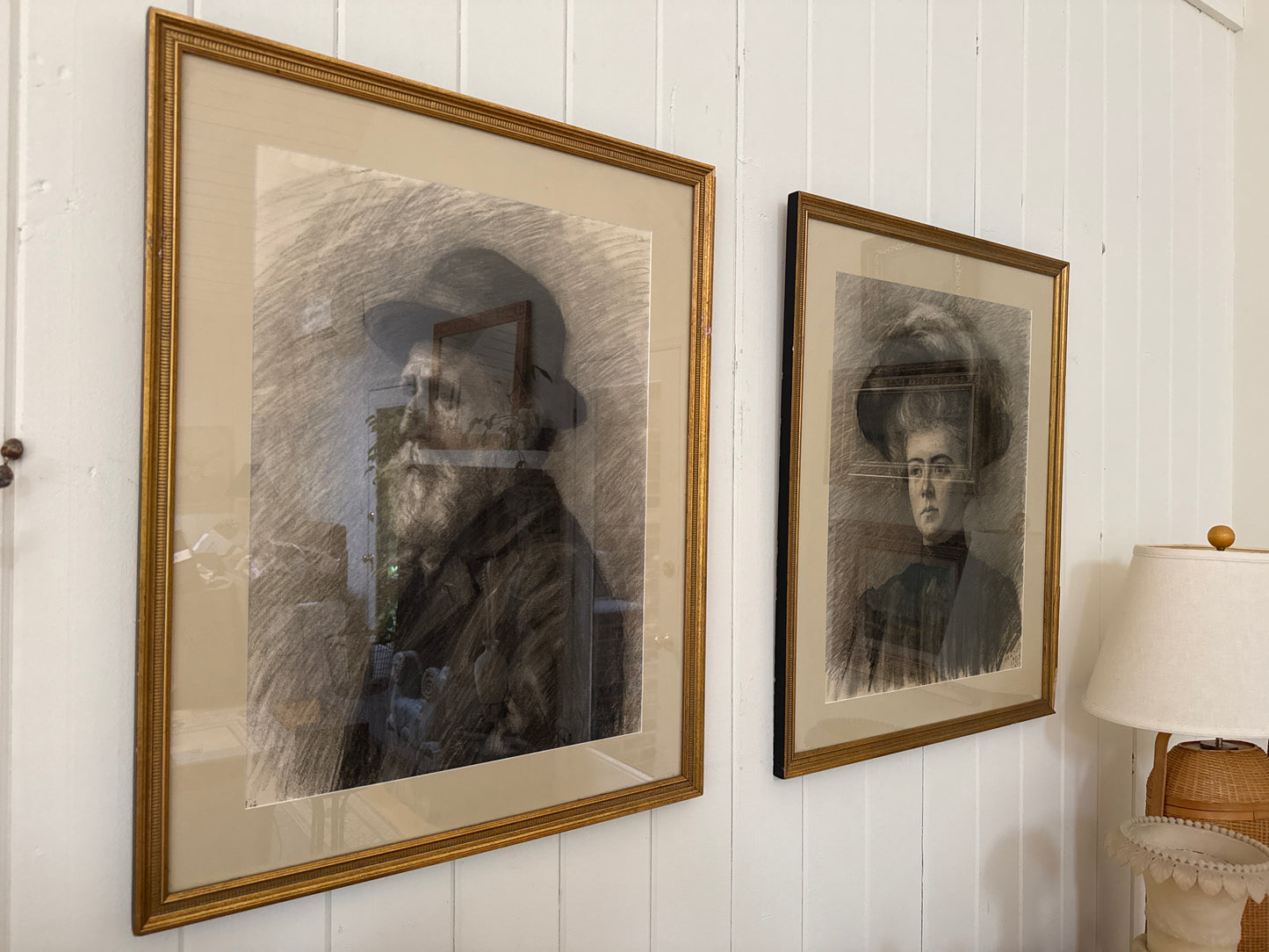 Incredible Pair of Antique Charcoal Portraits, 1905