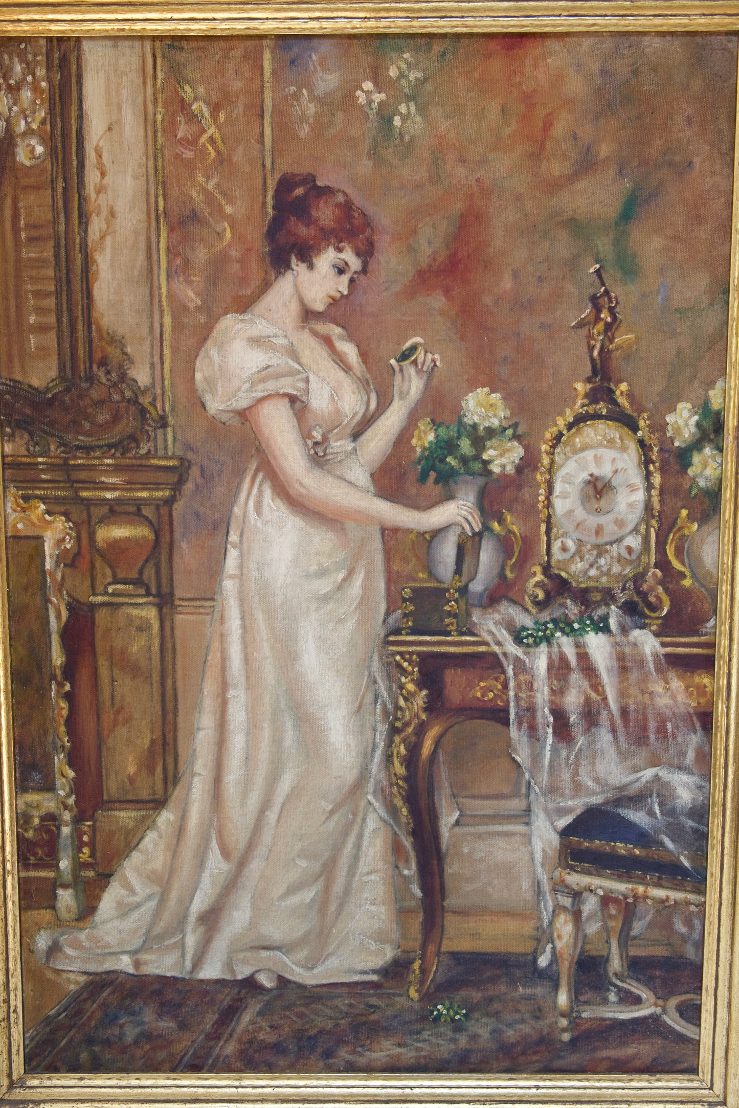 Antique Hand-Painted Oil on Board, Regency Woman in Interior, Gilded Frame