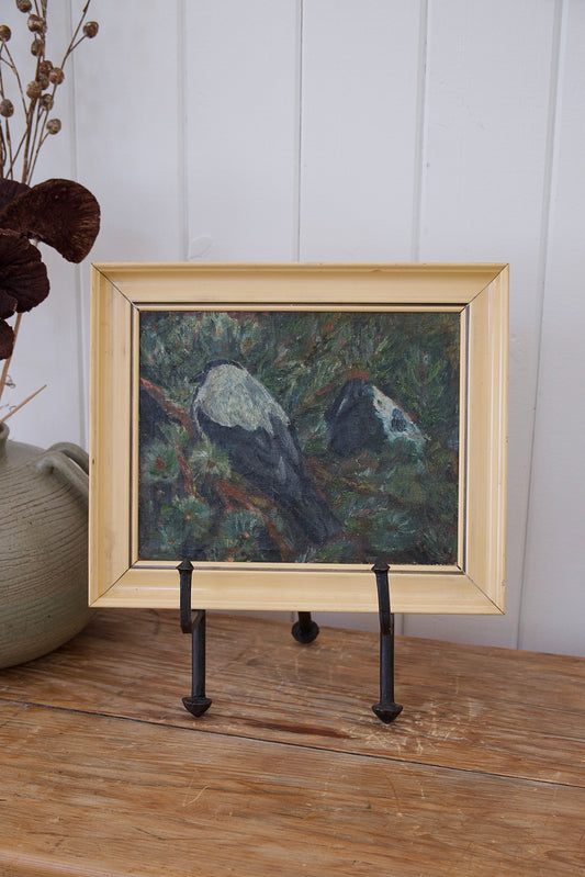Vintage Danish Oil Painting of Two Hooded Crows, Initialed