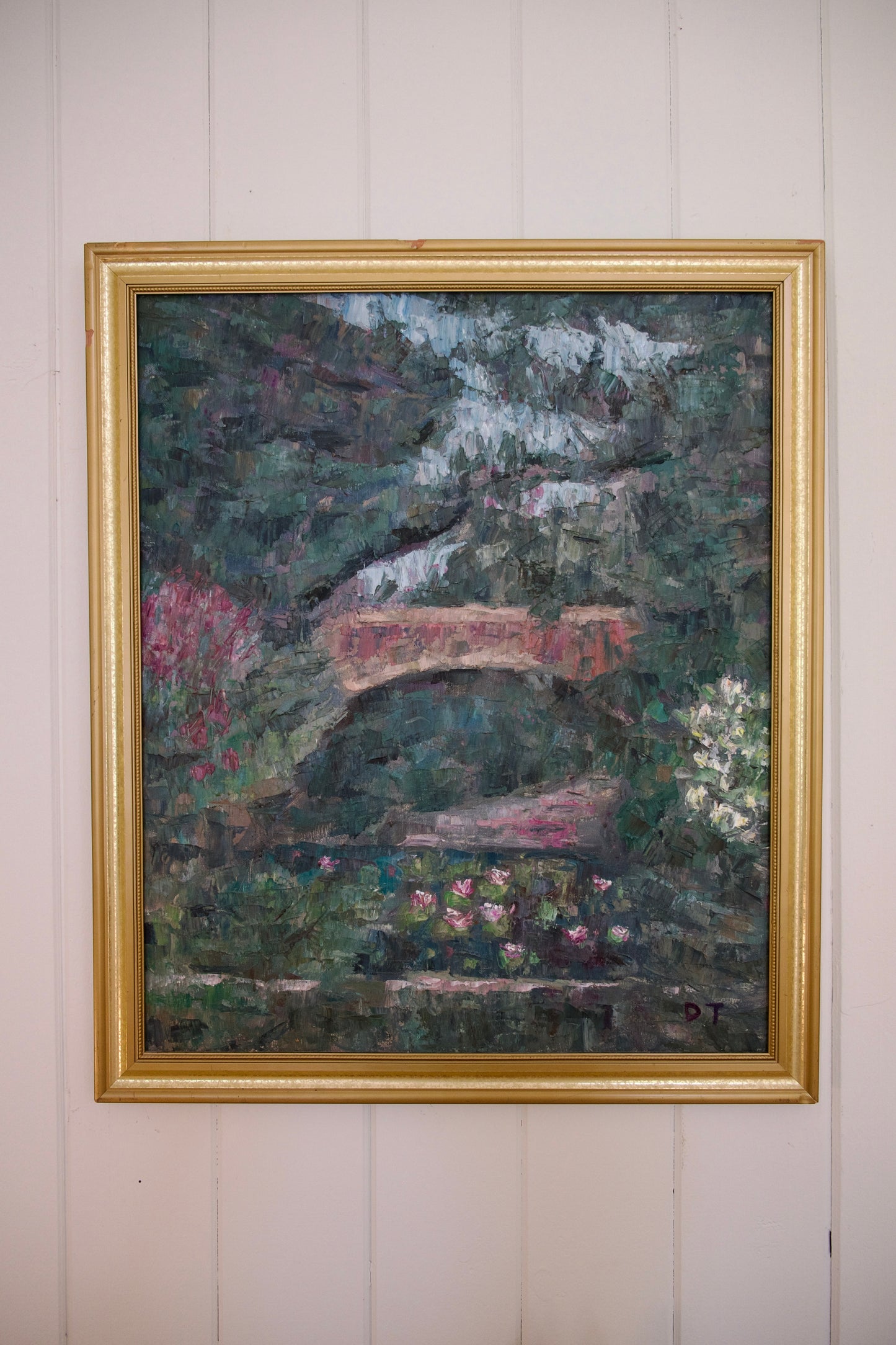 Vintage Signed Impressionist Oil Painting of Garden Bridge and Lilies (1990s)