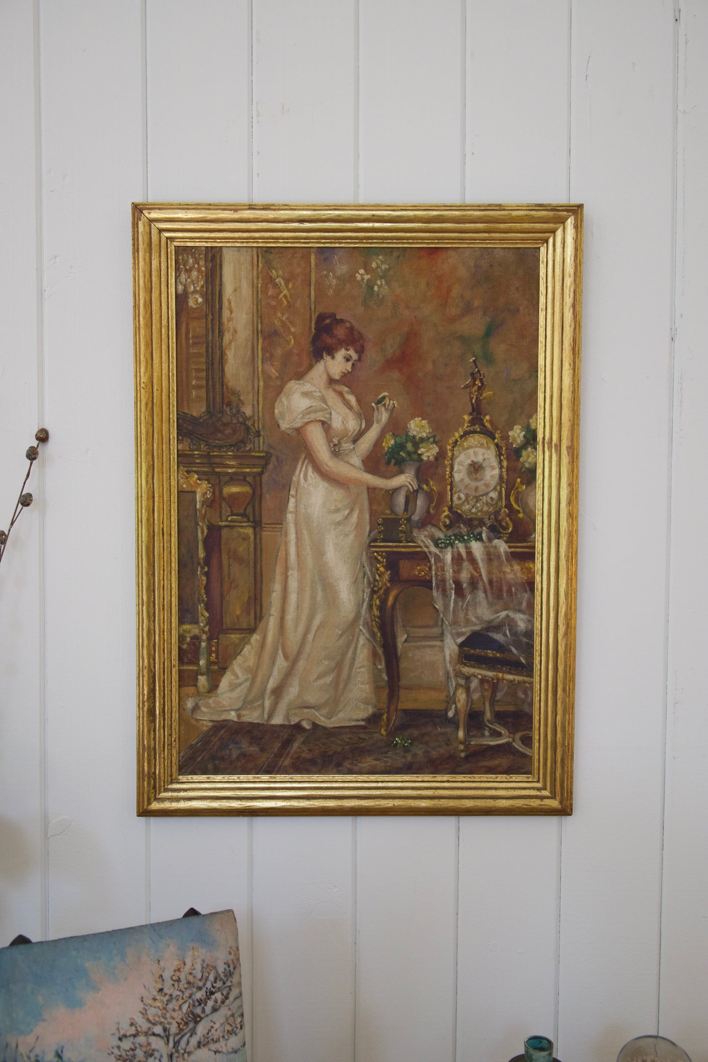 Antique Hand-Painted Oil on Board, Regency Woman in Interior, Gilded Frame