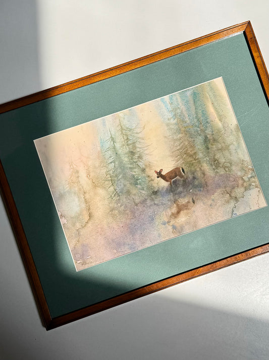 Vintage Deer Watercolor, Framed and Signed